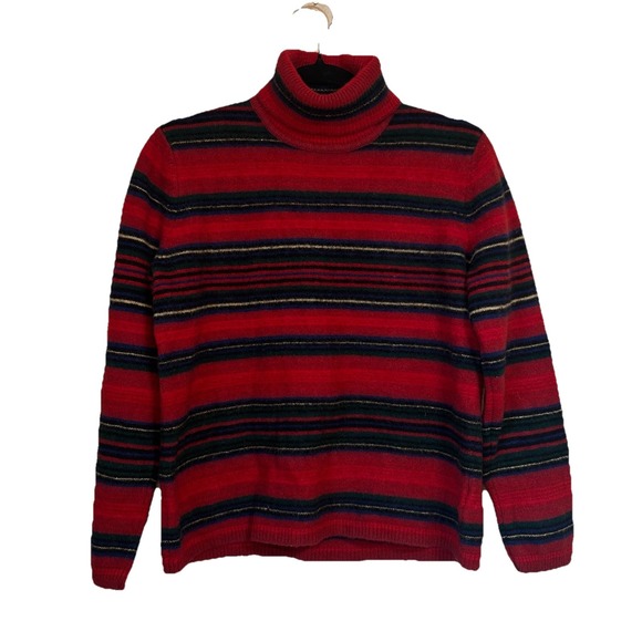 Ralph Lauren Sweater Womens‎ L 100% Lambswool Striped Red Blue Green Turtleneck - Picture 1 of 10